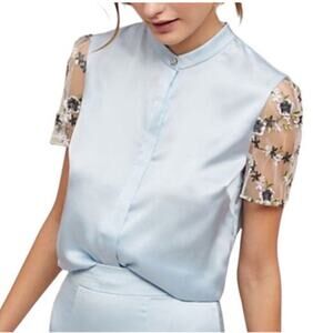 Anthropologie Hutch NEW Blue Satin Hidden Button‎ Shirt XS Petite